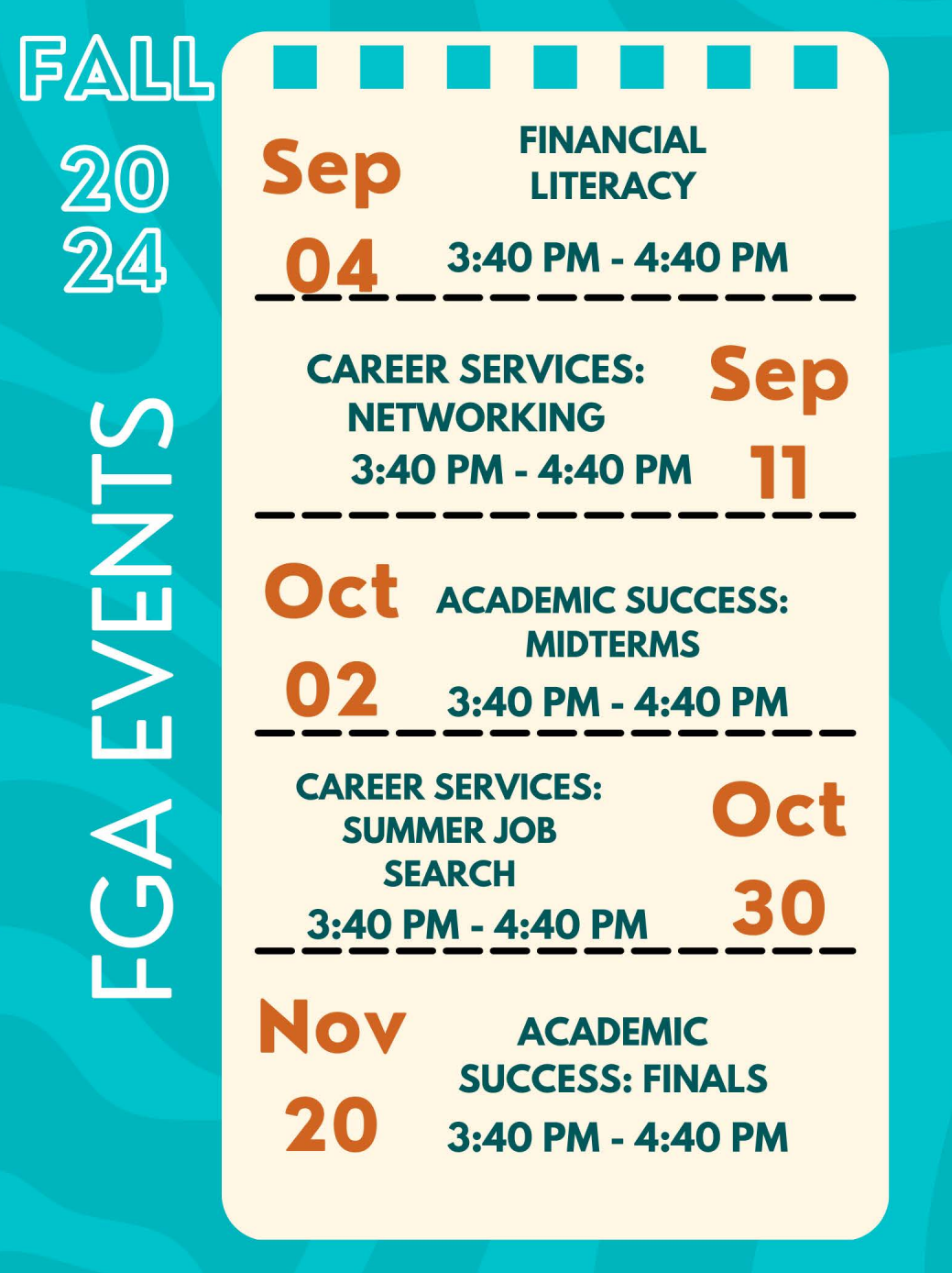 A teal and cream flyer listing upcoming First Generation Advocates meetings.