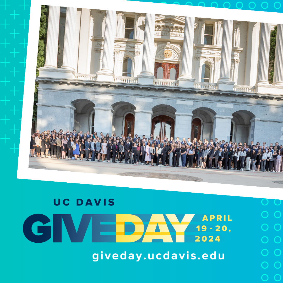 A light blue graphic with text that says, "UC Davis Give Day April 19-20, 2024."