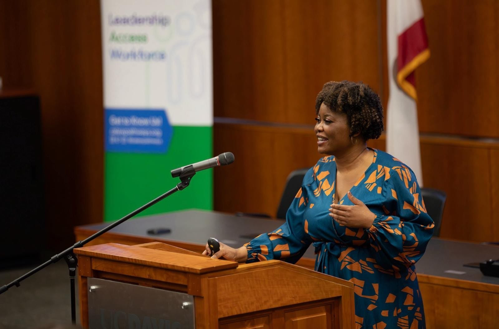 Professor Irene Oritseweyinmi Joe speaking at the podium at King Hall.