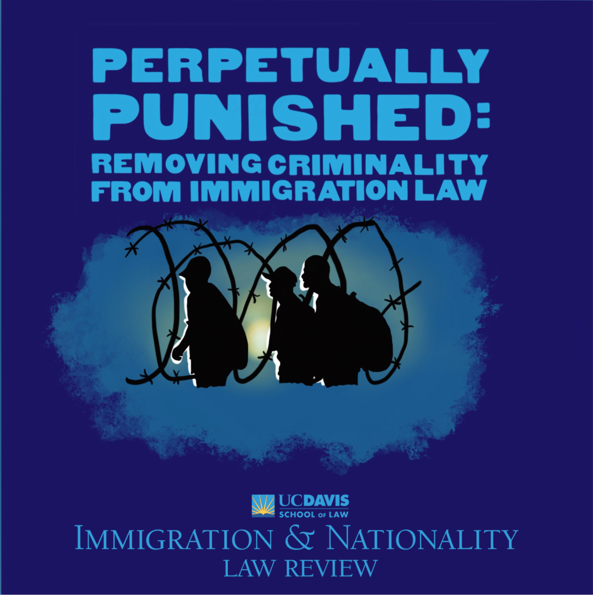 A blue flyer announcing the Immigration and Nationality Law Review Spring Symposium on Friday, April 19, 2024.