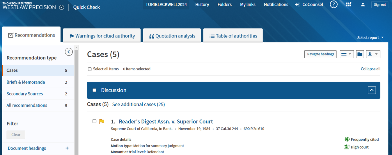 Westlaw: demo of Quick Check result