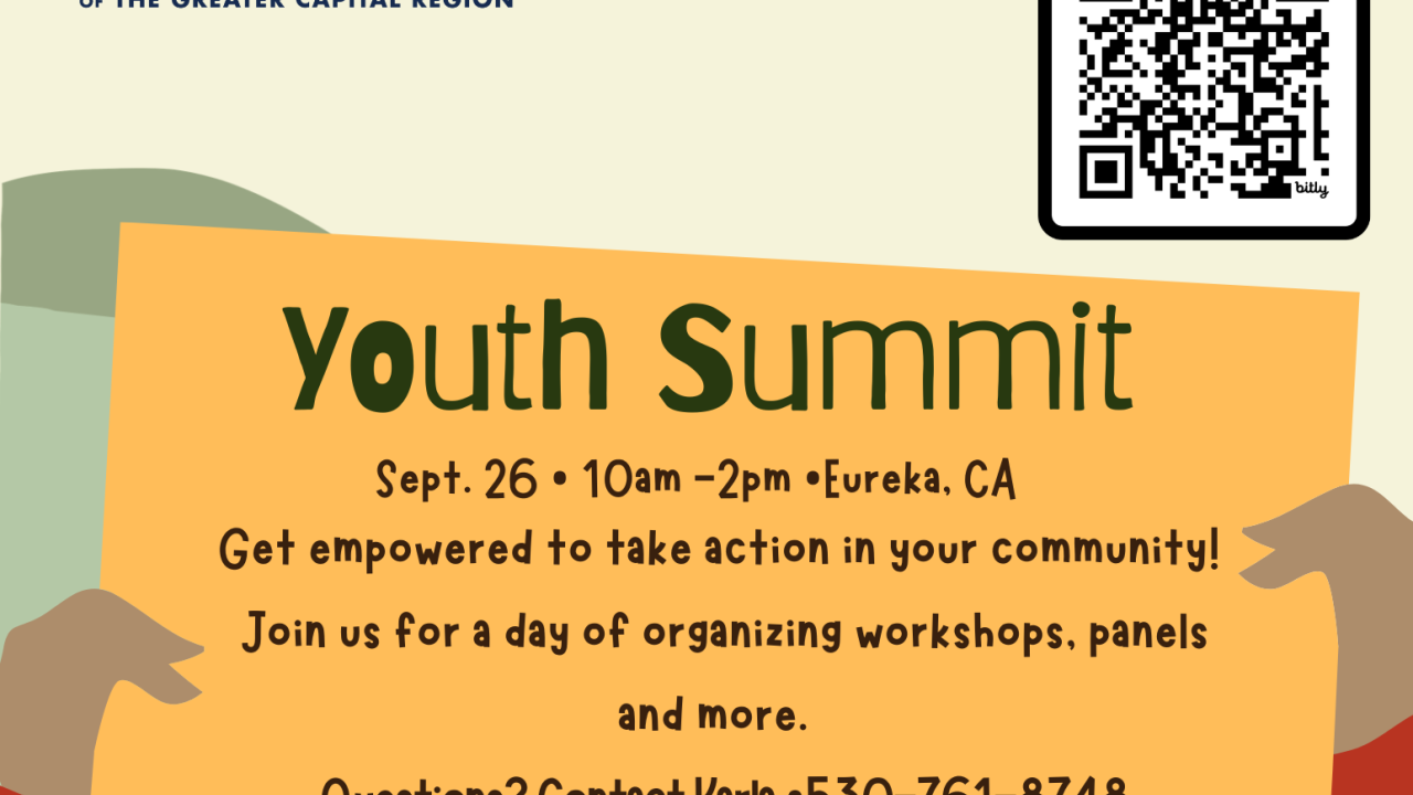 Graphic flyer for UC Davis Youth Summit, Sept 26 in Eureka— QR code and illustrated.