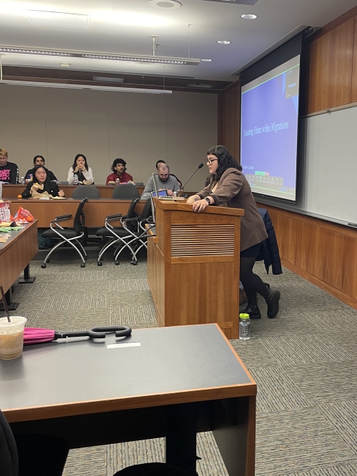 A woman addresses students in a classroom at UC Davis School of Law.