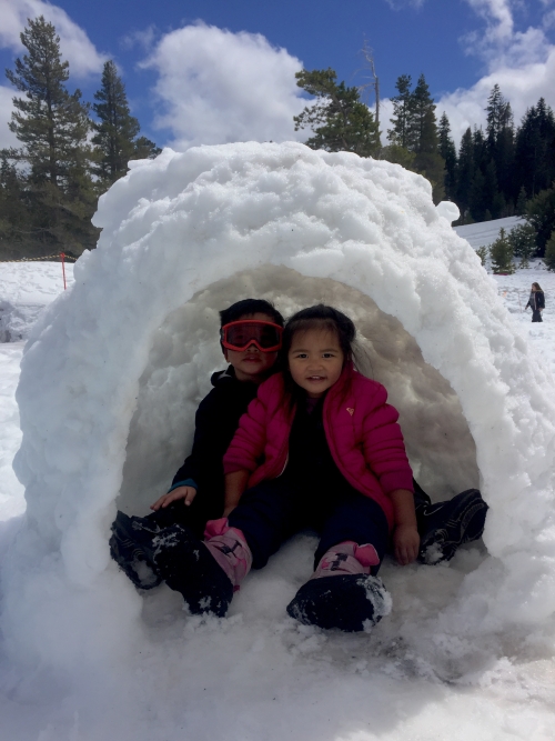 Two children sitting inside a snow igloo, smiling on a sunny winter day.
